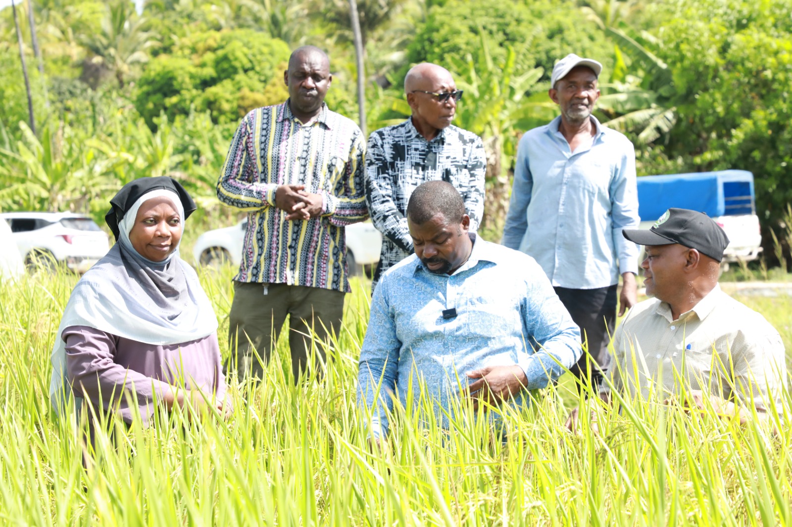 Waziri wa Kilimo Mhe. Suleiman Masoud Makame (katikati) akikagua Maendeleo ya Kilimo katika Bonde la Mlemele, Pemba